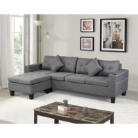 Modular Sofa Set with L-shaped Lounge, Cup Holder and Left and Right Hand Chaise Longue Modern 4-seater Grey Linen Fabric
