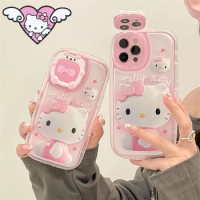 Anime Hello Kitty Phone Case Cartoon Mirror Iphone 1213Promax Silica Gel Protective Shell Kawaii Women Anti-Drop Phone Holder