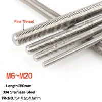 1pcs 304 Stainless Steel Full Threaded Bar M6M8M10M12M14M1 M18M20 Fine Thread Rod Bolt Stud Length 250mm Pitch 0.75/1/1.25/1.5mm