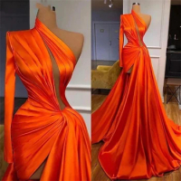 Orange Mermaid Sexy Evening Dresses Gowns Stain H igh Low Prom Dress Gowns Court Train Party Dresses Gowns Celebrity Dresses