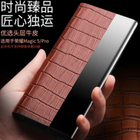 Business Male Man Flip Window Phone Cover Real Natural Cow Leather Case For Honor Magic5 Pro Magic 5 Crocodile Grain Qialino