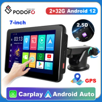 Podofo 7'' Dash Cam Rearview Camera Carplay &amp; Android Auto DVR GPS Navigation Car Recorder Dashboard Car Mirror 24H Park AUX