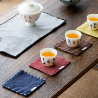 日式方形杯托禪意棉麻杯墊手工刺繡苧麻茶杯墊子隔熱墊茶道配件