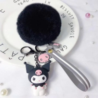 Hello Sanrio Kuromi Penguin Frog Dog Cat Cute Keychains with Fluffy Rabbit Fur Ball Women Girl Bag P