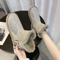 兔毛雪地靴女2021冬新款厚底加絨加厚保暖面包一腳蹬皮毛一體棉鞋