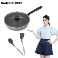 【DIAMOND CHEF】黑金石墨烯不沾單柄深煎鍋-28CM(含蓋)贈不鏽鋼柄耐熱矽膠鍋鏟及湯勺