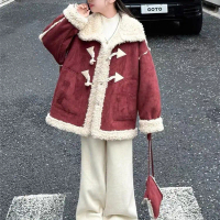 D05 Girls' Coat Autumn Winter 2025 New Stylish Thickened Girls' Fur-Lined Winter Fleece Top
