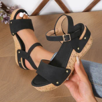 Women's Sandals Platform Wedge Summer Ladies Shoes Buckle Strap Clogs Gladiator Brand Design Heeled Sandal Rivet Footwear zara