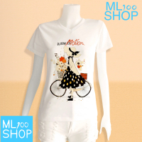 เสื้อยืดลาย Bloom in Motion ผ้า TK พิมพ์ลายลงในเนื้อผ้า - ML100SHOP (คอวี)