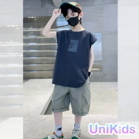 【UniKids】中大童裝短2件套裝無袖背心工裝五分褲 男大童裝 VPMYJ-2315(灰)