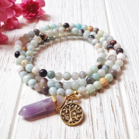 Amazonite Mala Necklace | Mala Beads 108 | Healing Crystal Necklace | Amethyst Mala Beads | Tree of Life Mala | Calming Necklace