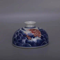 Chinese Blue and White Porcelain Pot Red Fish Pattern Brush Washer Super Mini Vase 3.23"