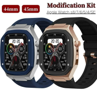 雙色金屬錶殼改裝套裝 適用Apple Watch 矽膠錶帶 s98765 44 45mm 不鏽鋼錶殼 替換錶帶