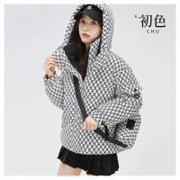 【初色】印花加厚保暖連帽立領長袖保暖羽絨棉外套女外套-共4色-39181(L-2XL可選)