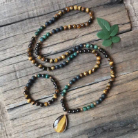 8mm Smokey Quartz Stone Beads,Tigers Eye Pendant,Energy Bracelet,Yoga Necklace,Heart Chakra Meditation JapaMala,108 Mala Beads