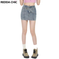 ReddaChic Stretch Jean Skort Y2k Vintage Women Bodycon Denim Skirt Blue High Waist Mini Short Bottoms Grunge Emo Streetwear