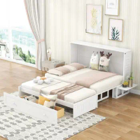 Queen Size Murphy Cabinet Bed with Drawer and Little Shelves on Each Side, Multifunctional Storage Platform Bedframe