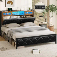 King Size Bed Frame with LED Headboard &amp; Hidden Storage Metal Platform Bed for indoor bedroom furniture