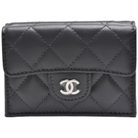 【CHANEL 香奈兒】經典銀色雙C LOGO菱格粒紋牛皮暗釦三折短夾(灰色AP0230C-GRAY-SS)