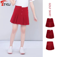 TTYGJ Girls Short Skirt Children Anti-exposure Golf Pleated Skirt Girl Red Mini Skort Kids High Waist Sports Shorts S-XL