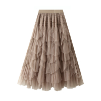 D0896 One Size (45-75kg) Female Spring And Autumn Mid-Length French High Waist Mesh Cake Skirt