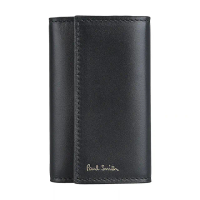 【Paul Smith】PAUL SMITH燙金字LOGO小牛皮拼接小羊皮內壓釦式6鉤環鑰匙包(黑x內裡多色)