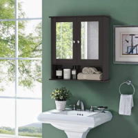 Bathroom Cabinet Wall Mounted with Double Mirror Doors, Wood Hanging Cabinet with Shelves, Brown Wall Mirror Cabinet