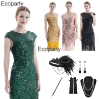 Women Halloween Costumes 1920s Flapper Dress Great Gatsby Party Evening Sequins Fringed Dress Accessories Set Cocktail Ball Gown
