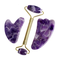 Gouache Amethyst Natural Stone Facial Massager Jade Roller Gua Sha Set SPA Acupuncture Scraping Crystal Gouache Scraper For Face
