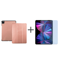 Metal-Slim Apple iPad Pro 11吋 (第3代) 2021 高仿小牛皮三折立架式保護皮套+抗藍光玻璃貼-玫瑰金
