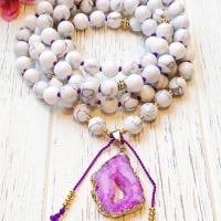 Howlite Mala Necklace • 108 Mala Beads • Calming Necklace • Long Howlite Necklace • White Yoga Mala • Agate Pendant Necklace •