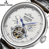Reef Tiger Tourbillon For Men Watch Automatic Skeleton Mechanical Business Wristwatch Calendar Sappire Crystal Relogio Masculino