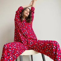 Women's Leopard Print Pajama Set Loose Long Sleeve Autumn Ladies Sleepwear 2 Pcs with Pant Pyjams Trousers Suit for Female