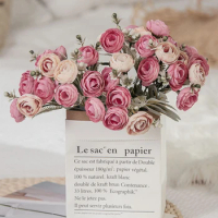 Rose Pink Silk Bouquet Peony Artificial Flowers 5 Big Heads 4 Small Bud Bride Wedding Home Decoration Fake Flowers Faux
