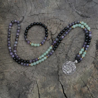 8mm Amethyst,Green Aventurine Japa Mala Set,Lotus,Meditation Mala, Namaste Yoga Jewelry,Buddhist Mala Prayer Bead,108 Mala Beads