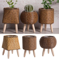 Imitation Rattan Woven Flower Shelf Planters Handmade Storage Basket With Removable Wooden Legs Plant Pot Stand Holder