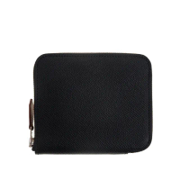 【Hermes 愛馬仕】經典Silk In Compact 小牛皮拉鍊絲巾短夾(NOIR/CASSIS-VERT)