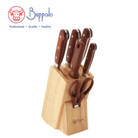 Buffalo 398048 不銹鋼刀具套裝7件套裝：砍骨刀、中式菜刀、日式廚師刀、生果刀、磨刀棒、多用途廚剪、橡木刀座 香港行貨