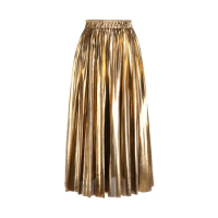 New Women Silver Gold Metallic Shiny Pleated Skirt Elegant High Waist Long Skirt Ladies Ankle-Length Maxi Skirt SS0039