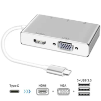 USB C To HDMI-compatible VGA 2K 4K Adapter, Type C to HDMI VGA 3 USB3.0 Hub, Portable Converter Adaptor for 2017 mac book Pro