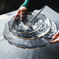 北歐錘目紋金邊玻璃盤子日式蔬菜家用創意客廳碟水果沙拉碗