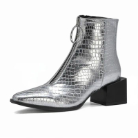 Size 34-48 Ankle Boots Women Silver Black Front Zipper Short Boots Ladies Thick Chunky Medium Heeled Biker Boot Shoes