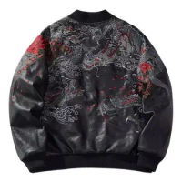 Thicker Plus Size Men Boys Streetwear Coats High Street Vintage Dragon Peony Embroidered PU Sukajan Souvenir Jacket