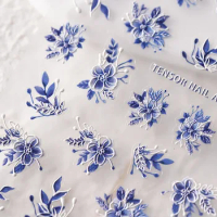 1 Sheet 5D Realistic Relief White Edge Blue Gouache Blossoming Flowers Adhesive Nail Art Stickers Decals Manicure Ornaments