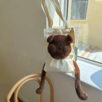 Plush 3D Bear Canvas Bag Cute Doll Shoulder Bag Tote Bag Shopping Bag Large Capacity Handbag Girl