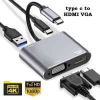USB C To HDMI VGA Adapter Type-c to HDMI VGA 4 in 1 HD Docking Station Aluminum Shell 3 in 1 Mobile Phone Projection Cable