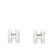 【HERMES】Mini Pop H立體簍空橢圓LOGO耳環(白色/銀色)