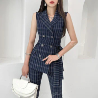 Tesco Office Work Suit Sets For Women 2 Piece Sleeveless Blazer Vest With Lace-up Slim Fit Plaid Pantsuit For Women Summer 2024