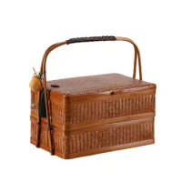 Handmade bamboo basket portable retro basket bamboo double-layer food box moon cake gift box portable tea ceremony tea