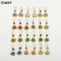WT-E733 Wholesale Fashion 18K Real Gold Plated Natural Stone Bezel Setting Long Hoop Gemstone Women Earrings In 10 Pairs